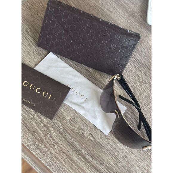 Gucci GG 4224/S Rimless Oversized Shield Sunglasses Brown Gold & Crystal Temple - Picture 2 of 8